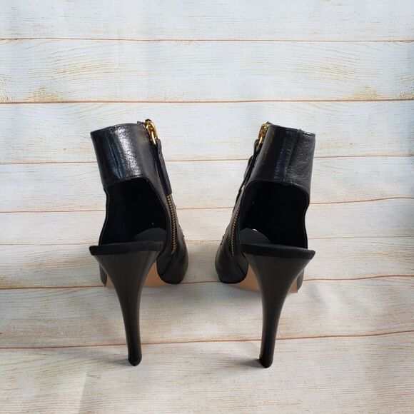 Nine West Leather Mohawkit Peep Toe Heeled Ankle Boots Booties Buckle Black 8M - Picture 7 of 16